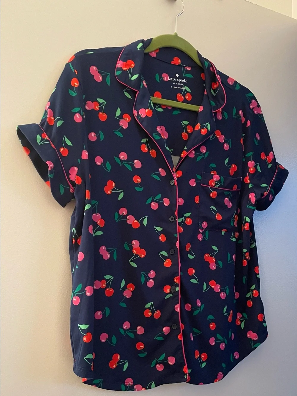 kate spade Navy Cherry-Print Short Sleeve Pajama Set. Runs small in skeeves.
